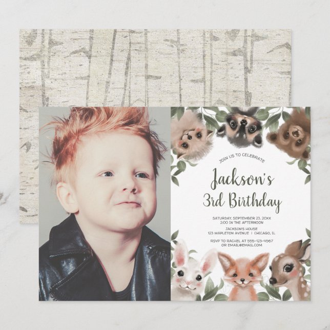 Woodland animals forest friends boy birthday photo invitation (Front/Back)