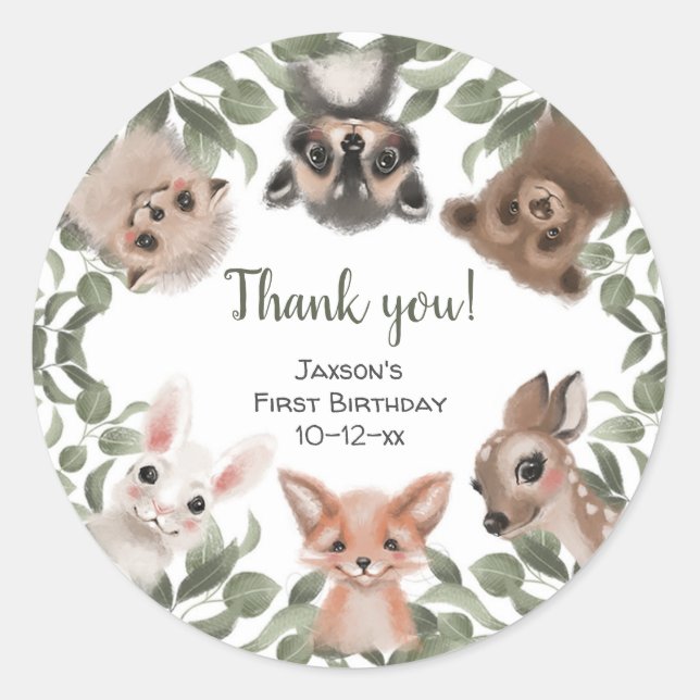 Woodland animals forest friends cute birthday classic round sticker (Front)