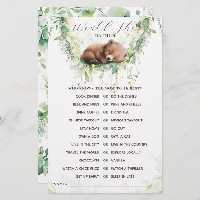 Woodland Animals Forest Greenery Baby Shower Game (Front/Back)