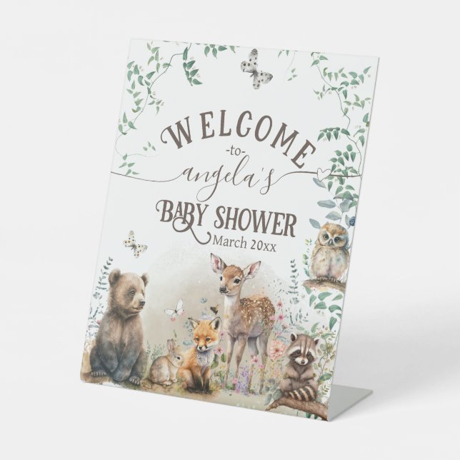 Woodland animals forest greenery Baby Shower Pedestal Sign (Front)