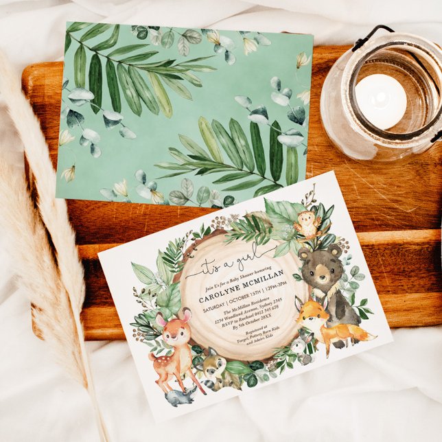 Woodland Animals Forest Greenery Girl Baby Shower Invitation (Creator Uploaded)
