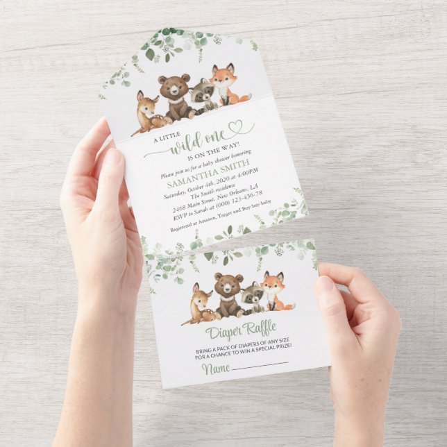 Woodland Animals, Forest, Wild One, Baby Shower All In One Invitation (Tearaway)