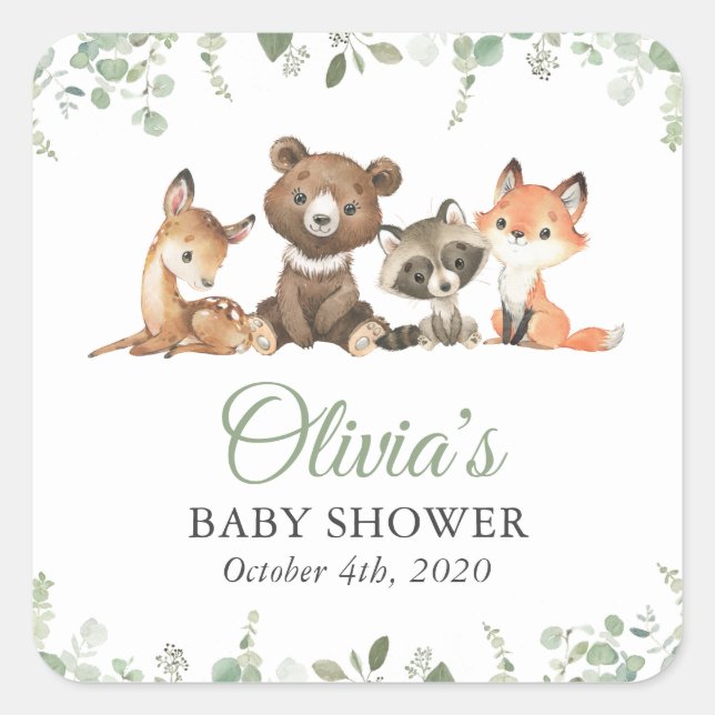 Woodland Animals, Forest, Wild One, Baby Shower Square Sticker (Front)