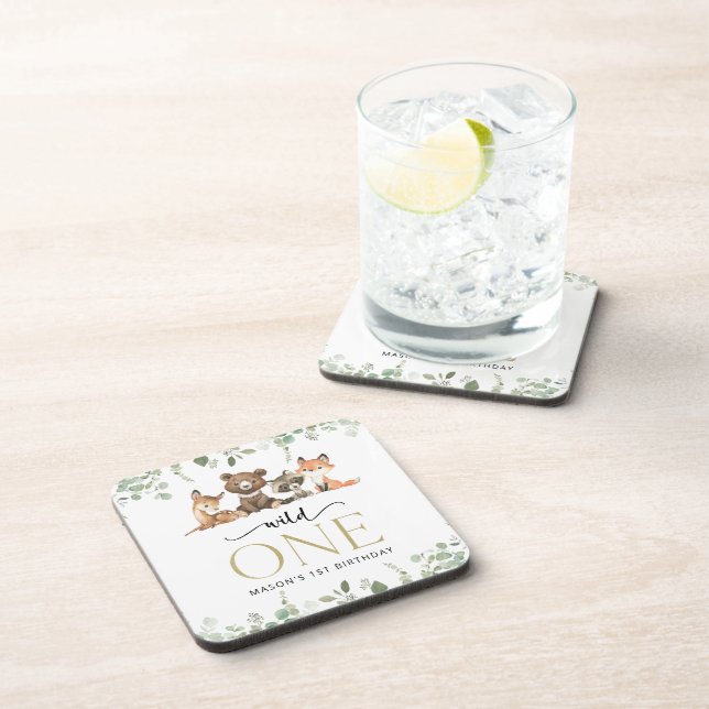Woodland Animals, Forest, Wild One, First Birthday Coaster (Right Side)