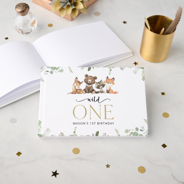 Woodland Animals, Forest, Wild One, First Birthday Guest Book (Front Open)