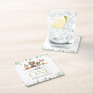 Woodland Animals, Forest, Wild One, First Birthday Square Paper Coaster