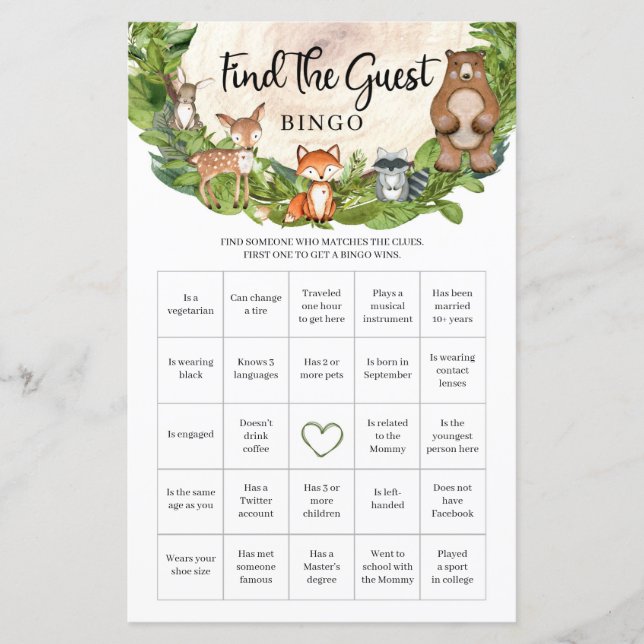 Woodland animals forest wood Find The Guest Bingo (Front)