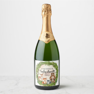 Woodland animals forest wood log slice baby shower sparkling wine label