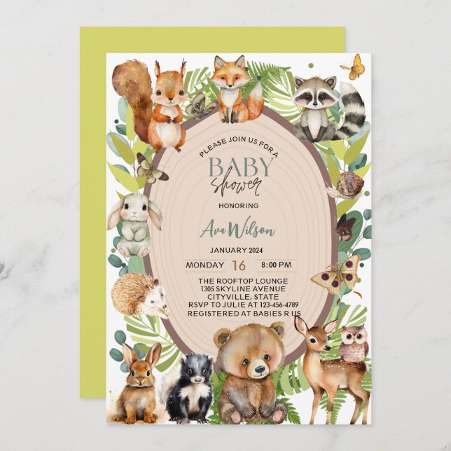 woodland animals forest wood slice baby shower invitation (Front/Back)