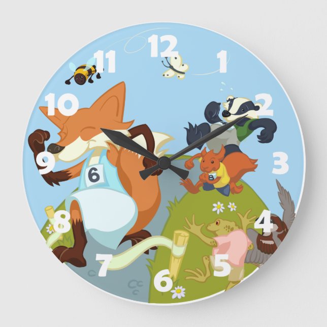 Woodland Animals Fun Running Fox & Badger Cartoon Large Clock (Front)