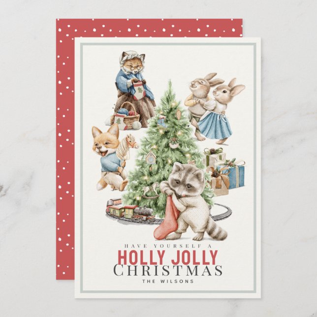 Woodland Animals Gathering Christmas Tree Holiday Card (Front/Back)