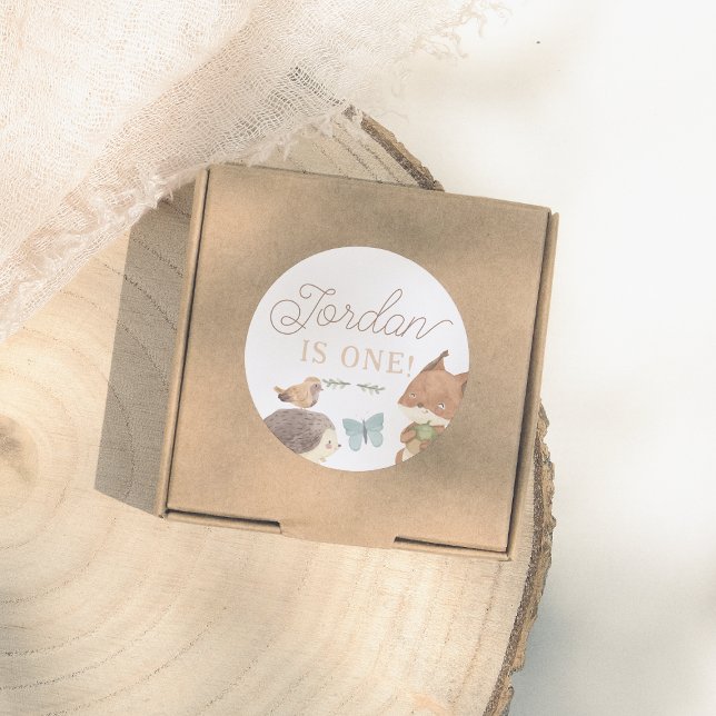 Woodland Animals Gender-Neutral Birthday Party Classic Round Sticker (Creator Uploaded)