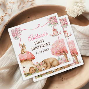 Woodland Animals Girl 1st Birthday Party Napkin