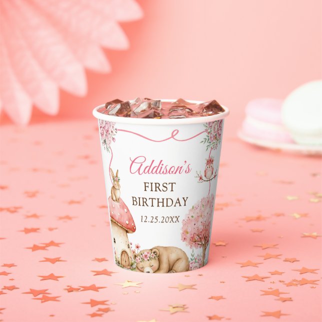 Woodland Animals Girl 1st Birthday Party Paper Cups (Insitu)