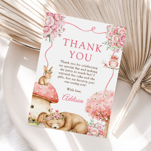 Woodland Animals Girl 1st Birthday Party Thank You Card