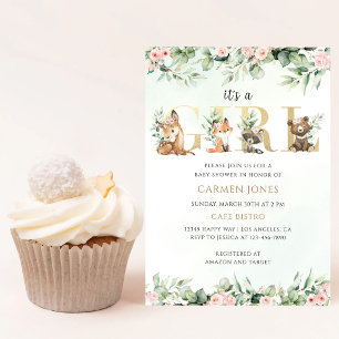 Woodland Animals Girl Baby Shower Green Invitation