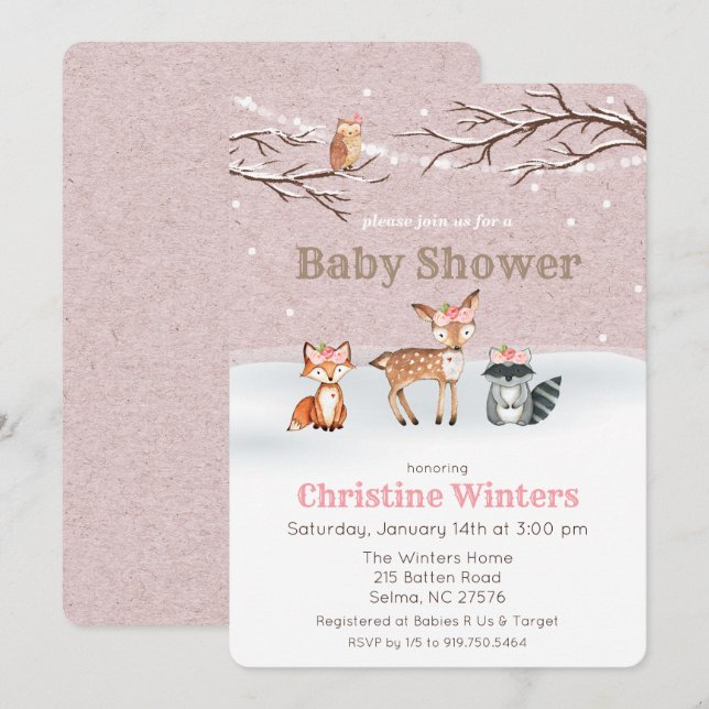 Woodland Animals Girl Baby Shower Invitation (Front/Back)