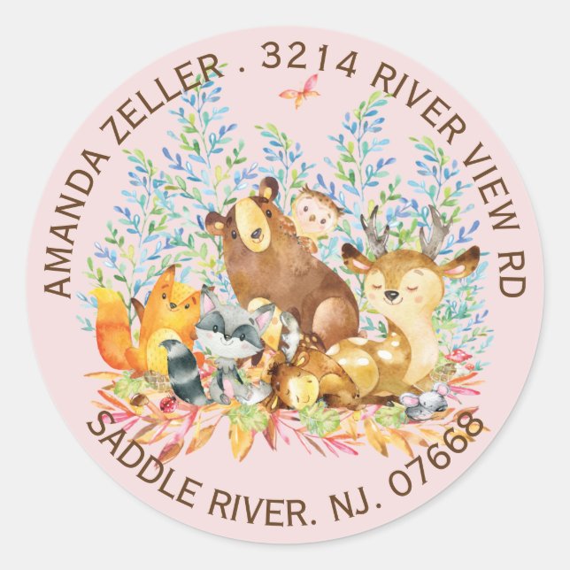 Woodland Animals Girls Baby Shower Address Label (Front)