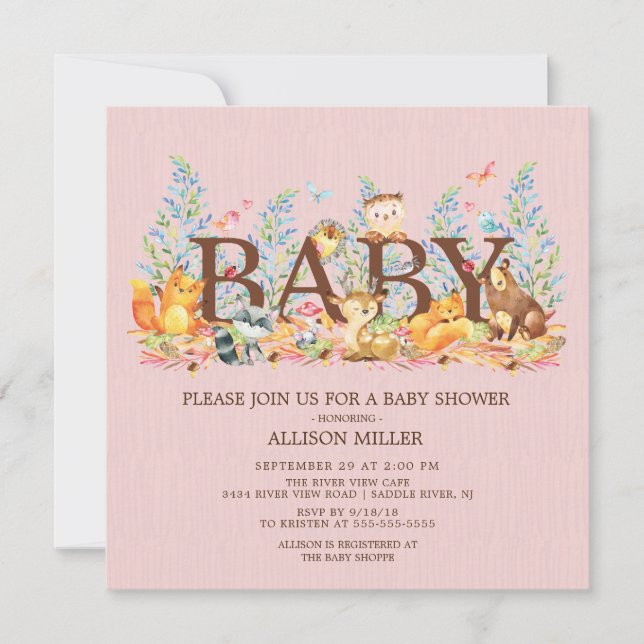 Woodland Animals Girls Baby Shower Invitation (Front)