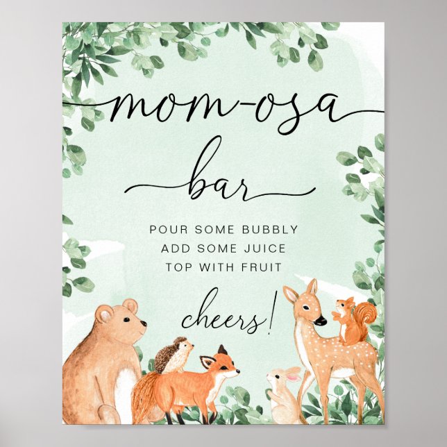 Woodland Animals Green Baby Shower Momosa Bar Sign (Front)