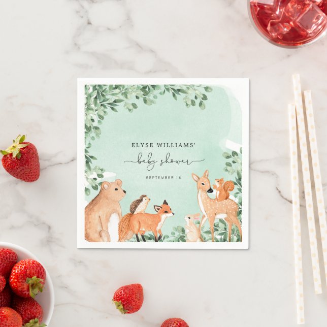 Woodland Animals Green Baby Shower Paper Napkin (Insitu)
