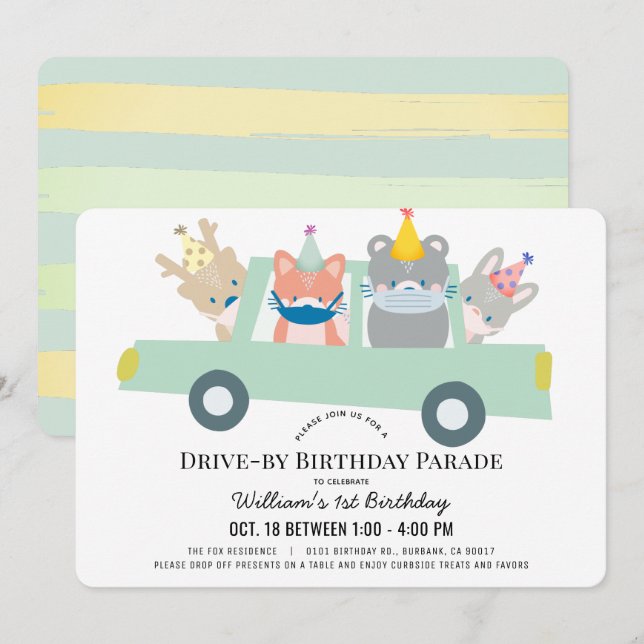 Woodland Animals Green Car Drive-by Birthday Invitation (Front/Back)