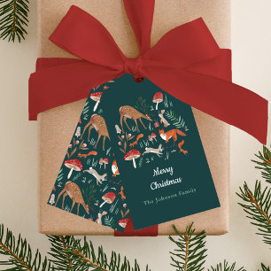 Woodland Animals Green Christmas Party Invitation Gift Tags