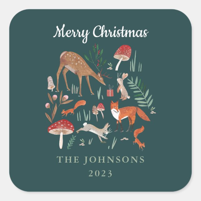 Woodland Animals Green Christmas  Square Sticker (Front)