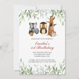 Woodland Animals Greenery 1st Birthday  Invitation