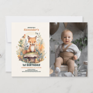 Woodland Animals Greenery 1st Birthday Photo Invitation