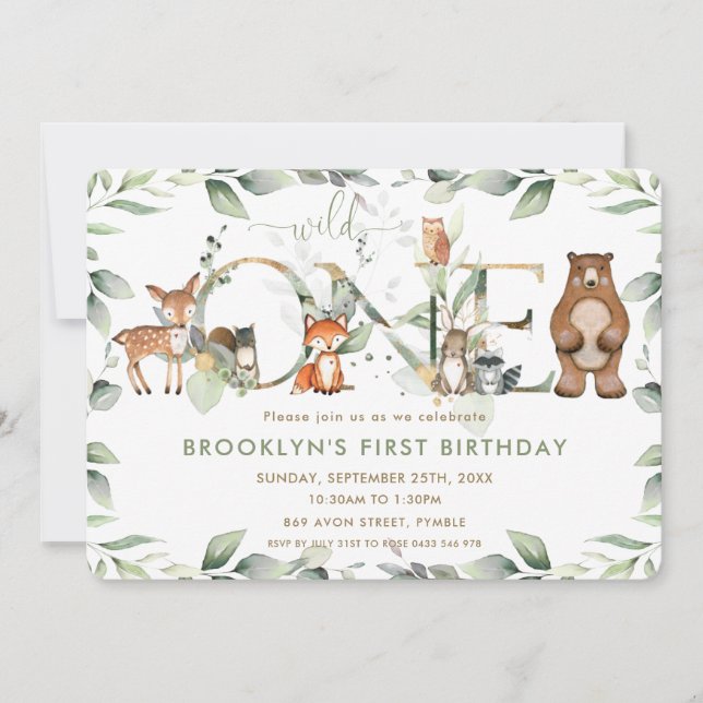 Woodland Animals Greenery 1st Birthday Wild One In Invitation (Front)