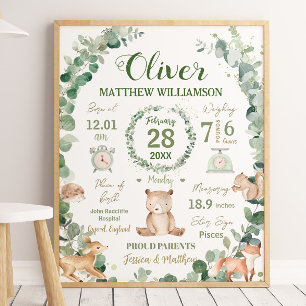Woodland Animals Greenery Baby Birth Print Stats