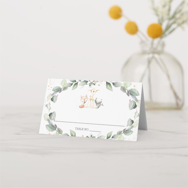 Woodland Animals Greenery Baby Shower Birthday  Place Card (Front)