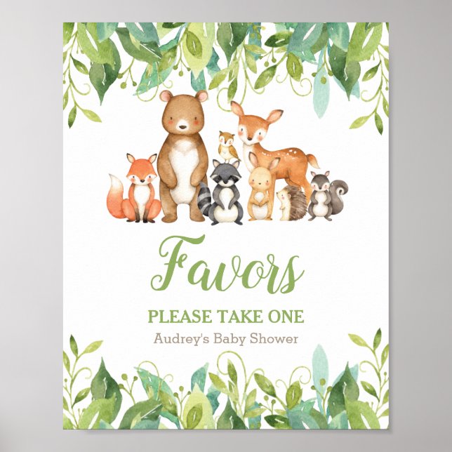 Woodland Animals Greenery Baby Shower Favors Sign (Front)