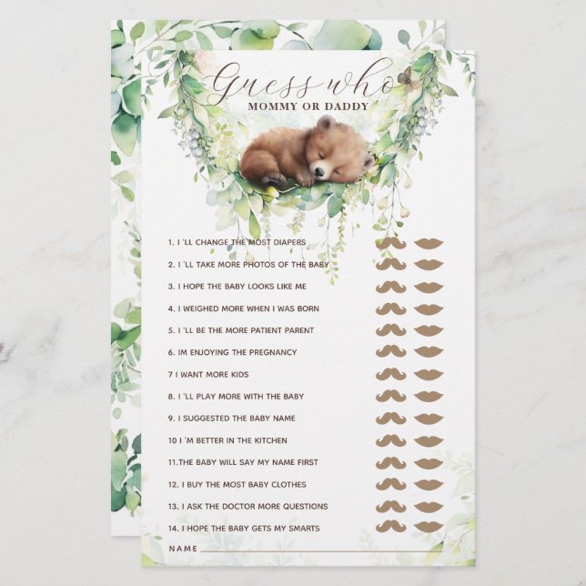 Woodland Animals Greenery Baby Shower Guess Game (Front/Back)