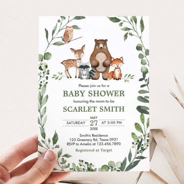 Woodland Animals Greenery Baby Shower  Invitation (Woodland Animals Baby Shower Invitation)