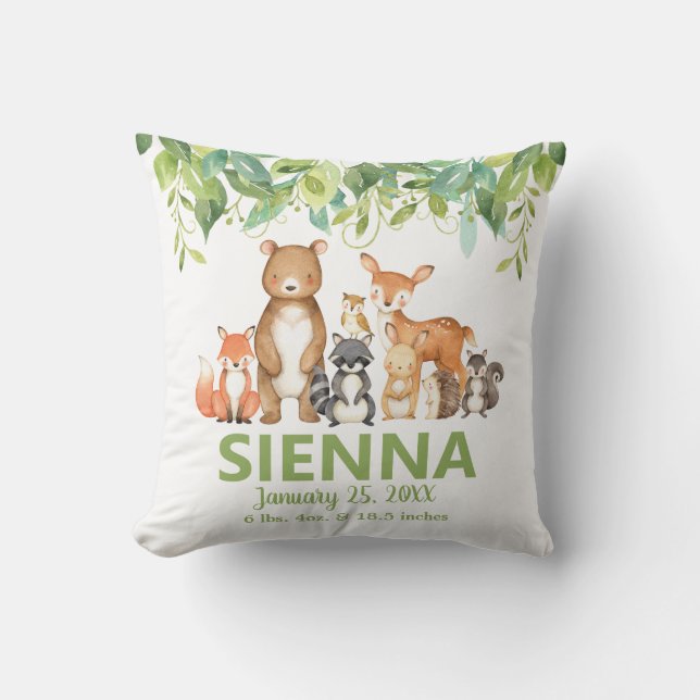 Woodland Animals Greenery Birth Stats Room Decor Cushion (Front)