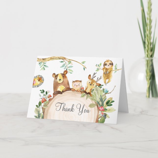 Woodland Animals Greenery Birthday Baby Shower Thank You Card (Front)