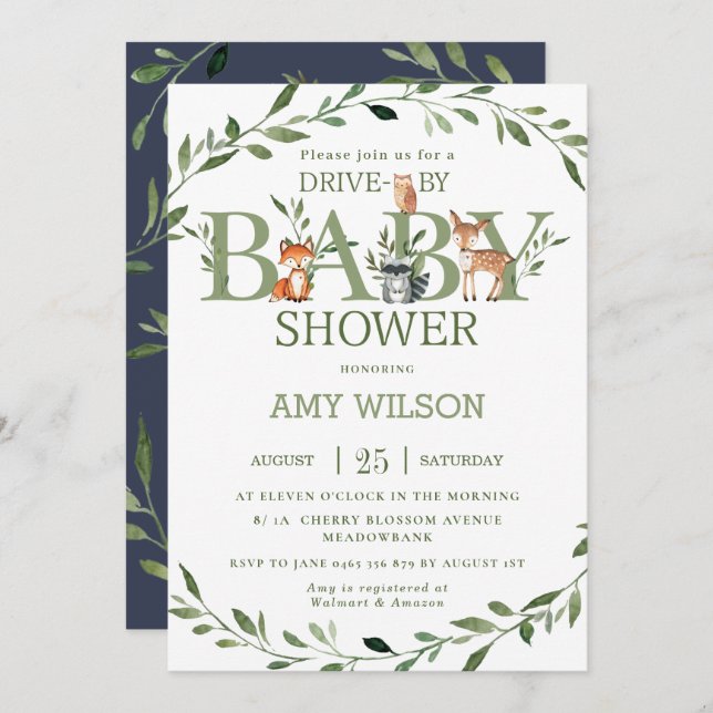 Woodland Animals Greenery Drive By Baby Shower Invitation (Front/Back)