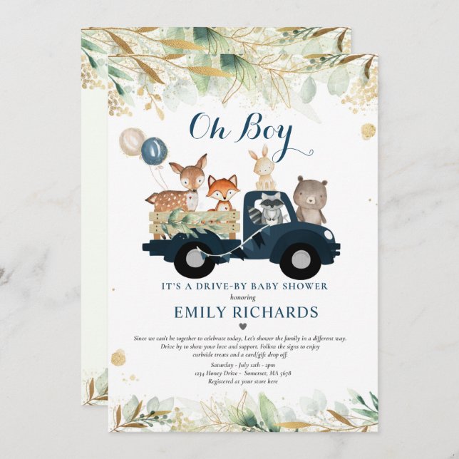 Woodland Animals Greenery Drive By Baby Shower Invitation (Front/Back)