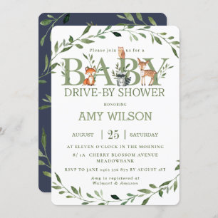 Woodland Animals Greenery Drive By Baby Shower Invitation