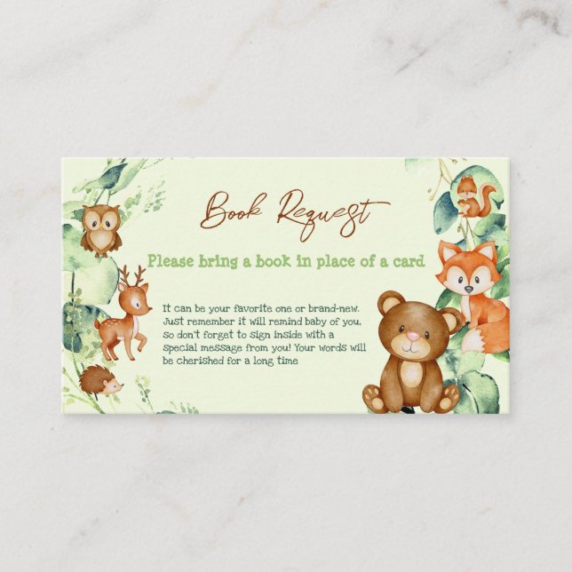 Woodland Animals Greenery Eucalyptus Book Request Business Card (Front)