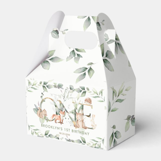 Woodland Animals Greenery Neutral 1st Birthday Favour Box (Front Side)