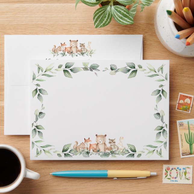 Woodland Animals Greenery Neutral Baby Shower Envelope (Desk)