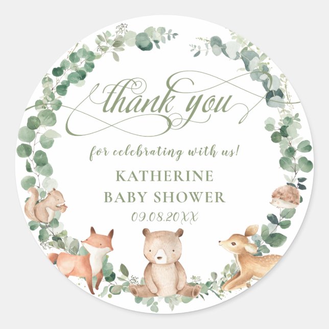 Woodland Animals Greenery Neutral Thank You Favour Classic Round Sticker (Front)