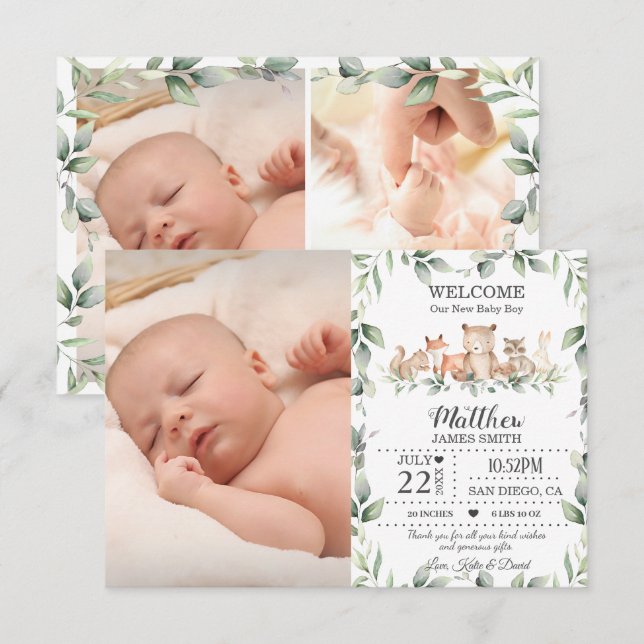 Woodland Animals Greenery New Baby Boy Photo Birth Announcement (Front/Back)