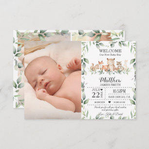 Woodland Animals Greenery New Baby Boy Photo Birth Announcement