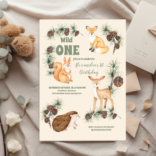 Woodland Animals Greenery Wild One 1st Birthday Invitation