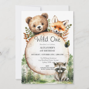 Woodland Animals Greenery Wild One 1st Birthday Invitation