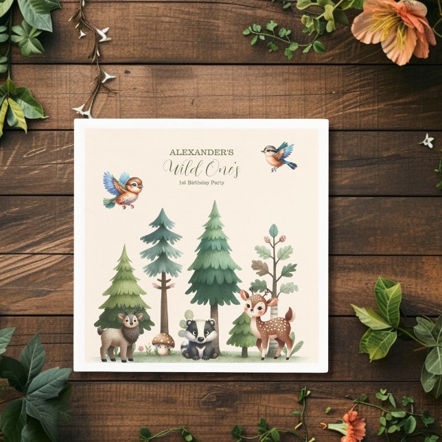 Woodland Animals Greenery Wild One 1st Birthday Napkin (Creator Uploaded)